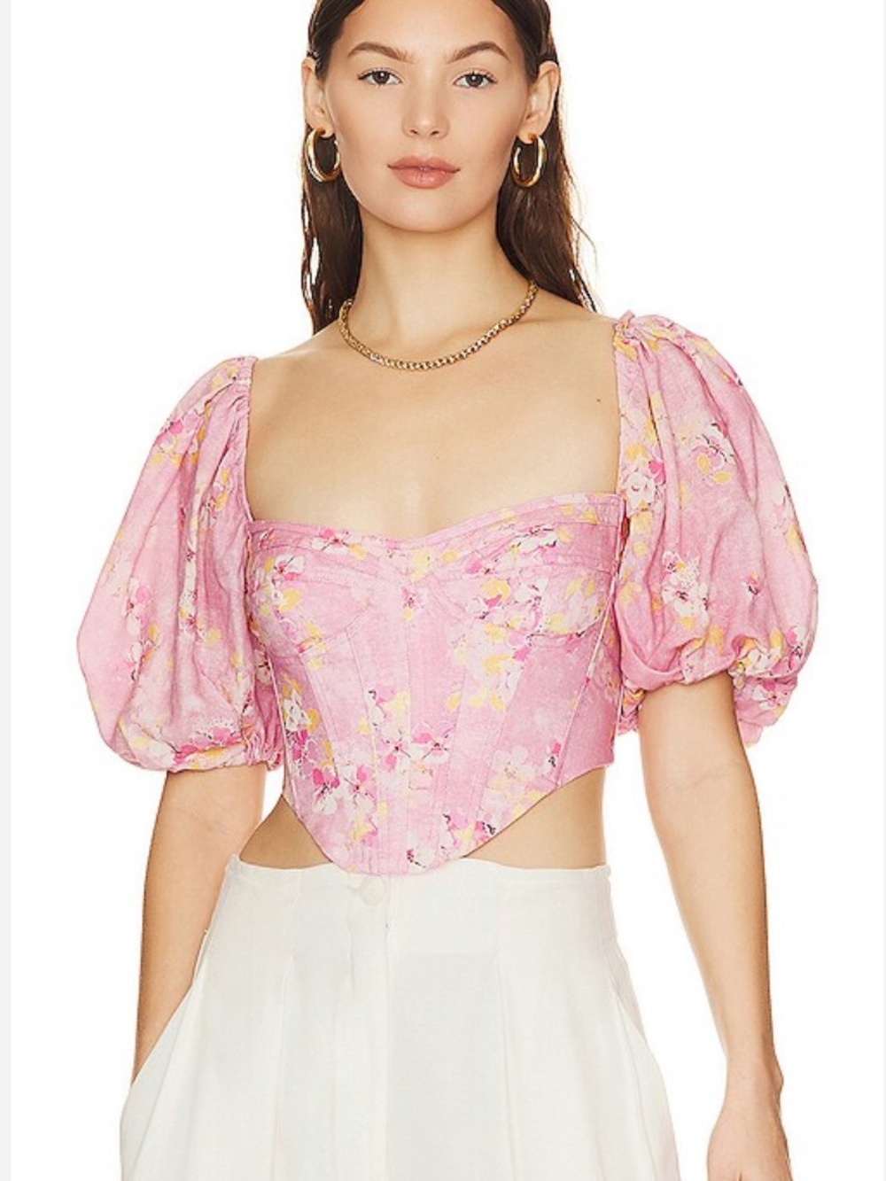 Bardot Pink Floral Puff-Sleeve Corset Top